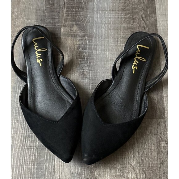 Lulus Shoes - Lulus Black Suede Pointed Toe Slingback Flats Womens Shoes Vegan Suede Flat Sole